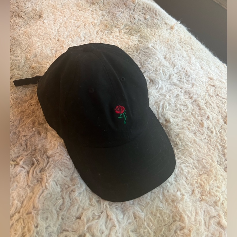 Embroidered Rose Black Adjustable Hat